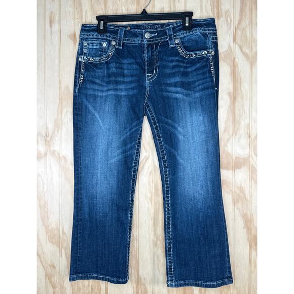Miss Me Embellished Capri Jeans 32 Bling Studded Whiskered Crop Denim - Picture 2 of 9